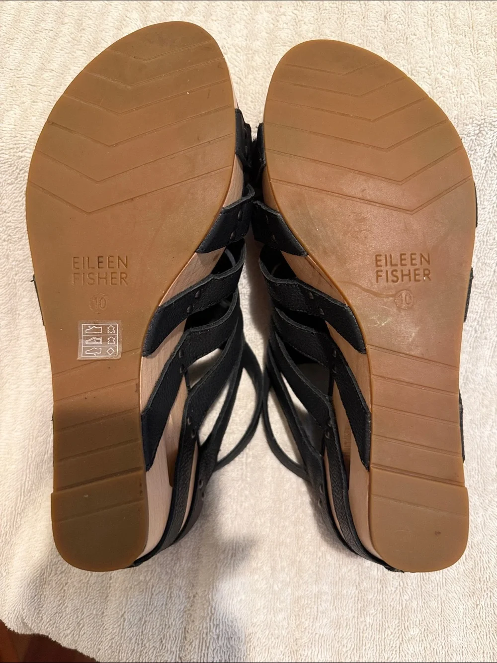 Eileen Fisher Black Leather Strappy Wood Wedge Sandals Summer Formal Wedding 10